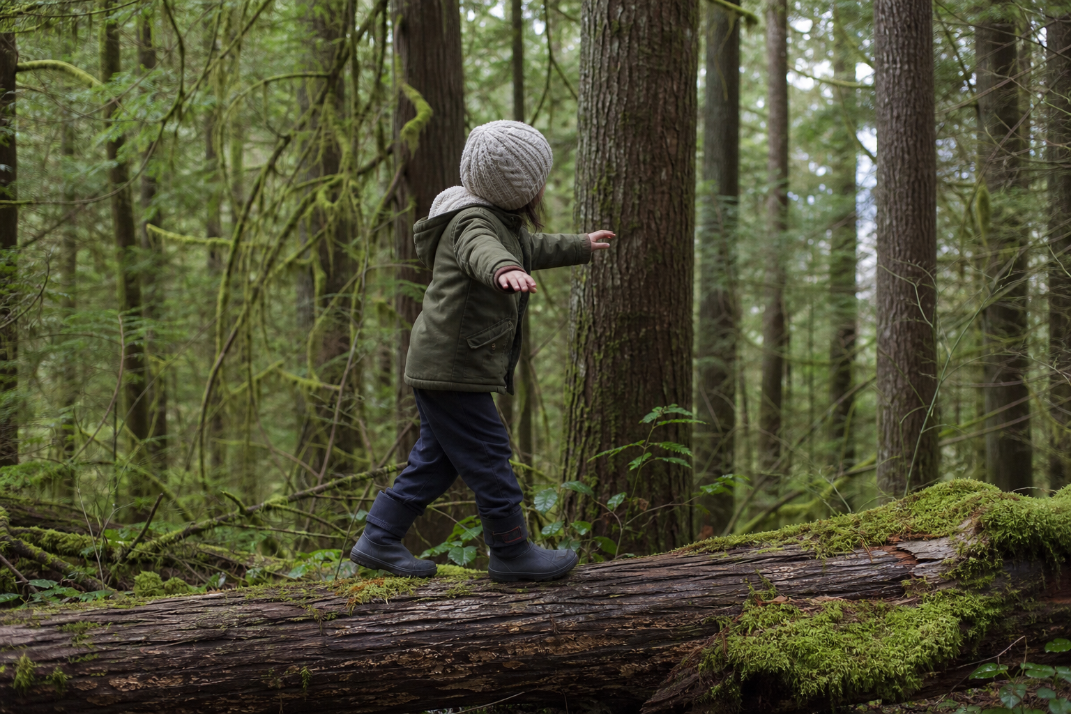 Children balancing on a log in autumn