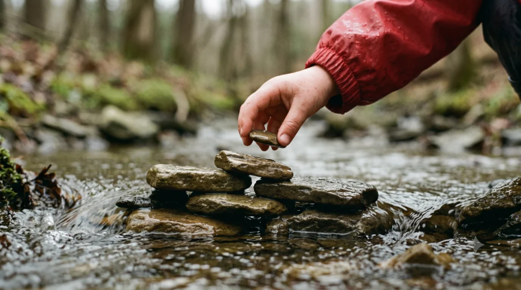 Photo: two children's hands lowering a flat rock onto the dam, see photos.md #10
