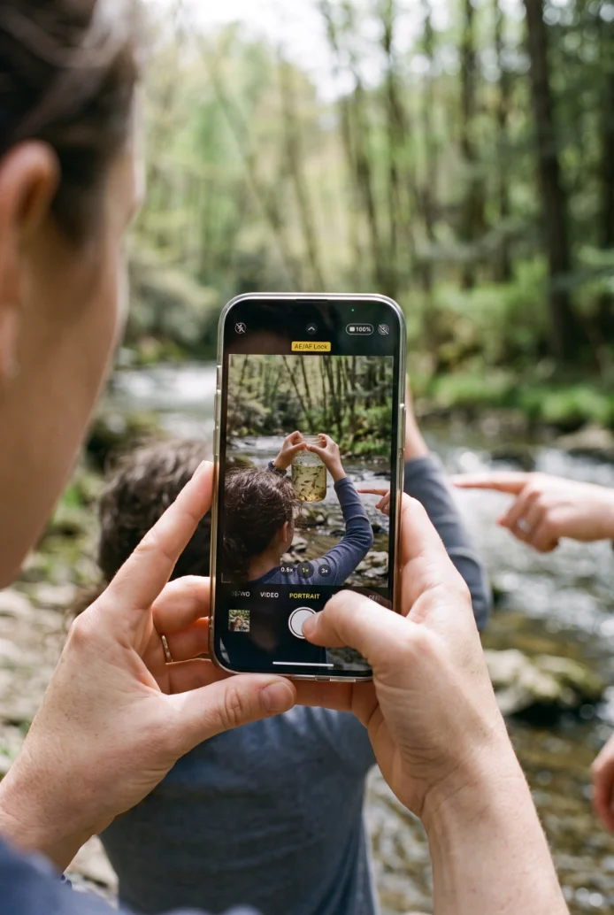 Photo: teacher crouched at a pond edge, phone up, a child holding a jar in the background