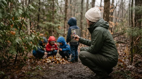 Photo: a teacher capturing at the creek, phone in a gloved hand