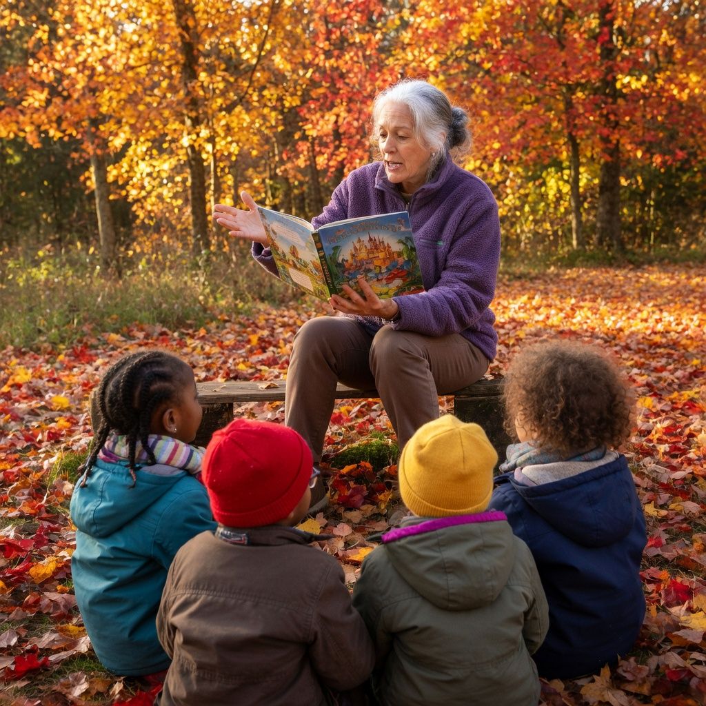 Teacher reading to children in autumn