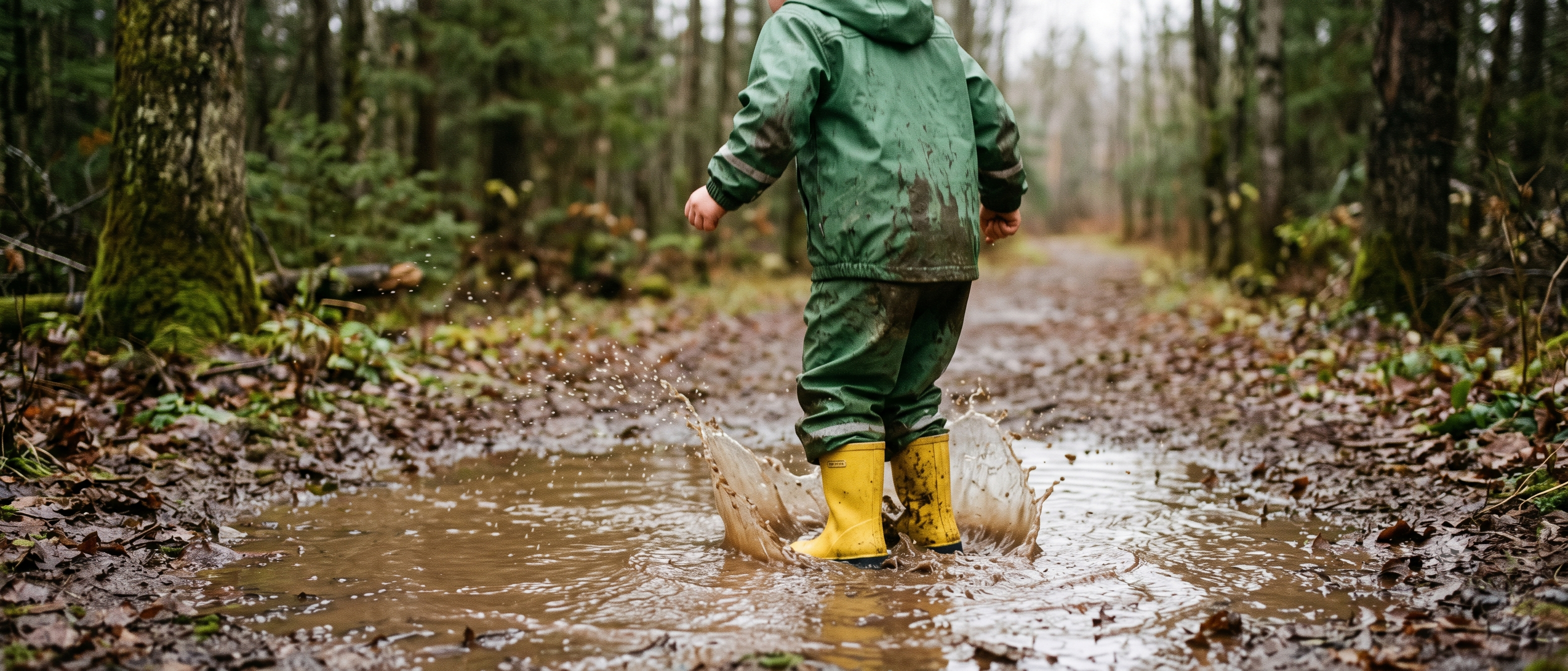 A child in a green rain suit and yellow boots splashing in a muddy forest puddle