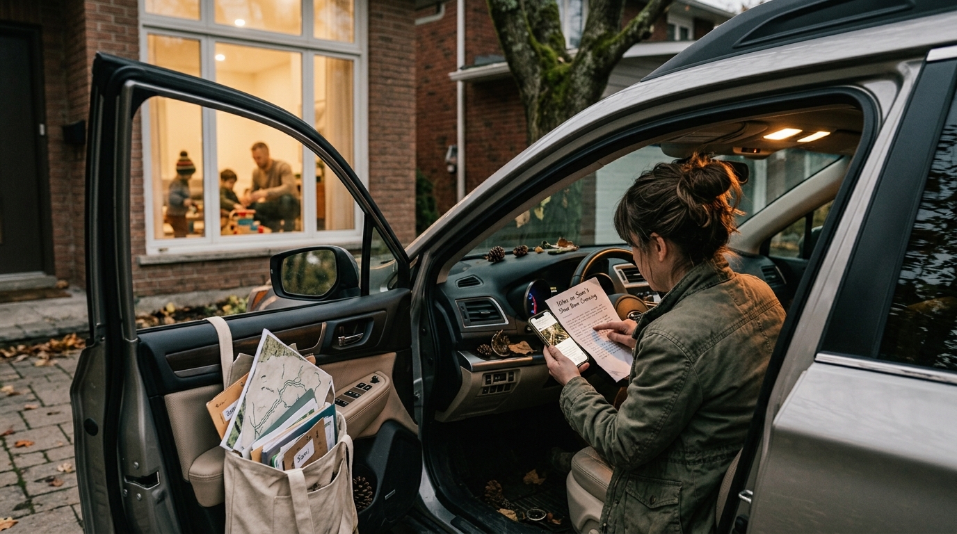 An educator writing up the day on her phone in a parked car in her own driveway, family visible through the lit window