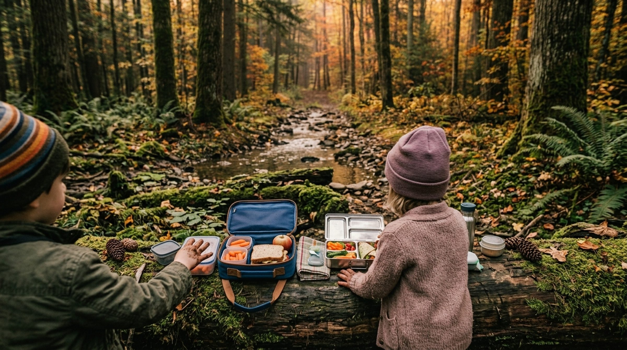 Photo: lunch boxes open on a log, small hands, forest floor