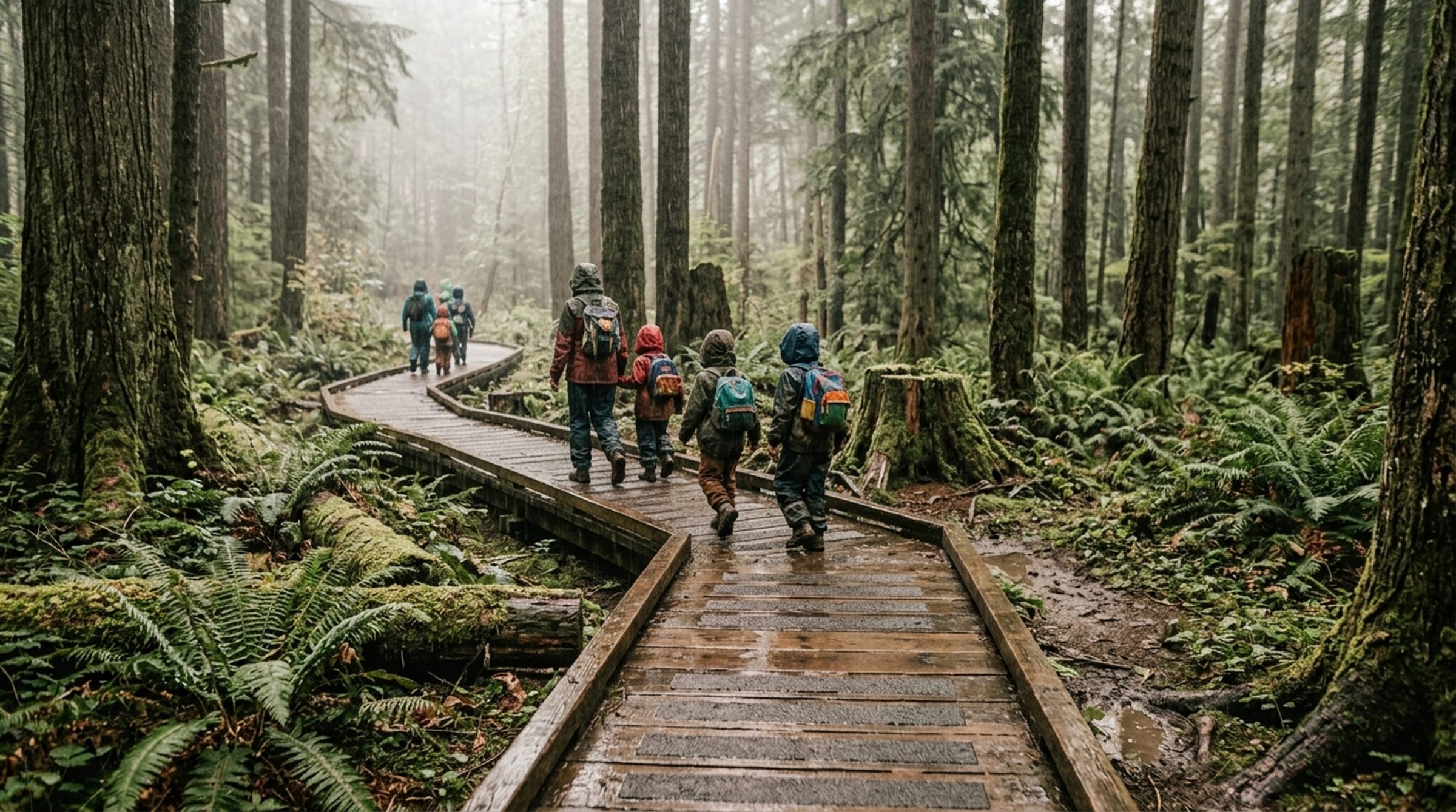 Photo: forest path in light rain, rain suits, boardwalk